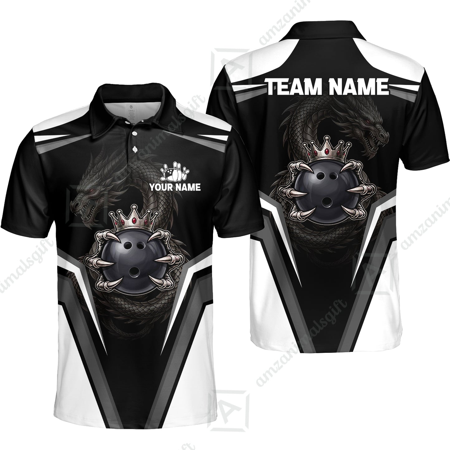 Custom Bowling Jersey Polo Shirt, Gothic Dark Dragon Royal Crown, Custom Bowling Jersey Team Shirt For Players With Name and Team Name