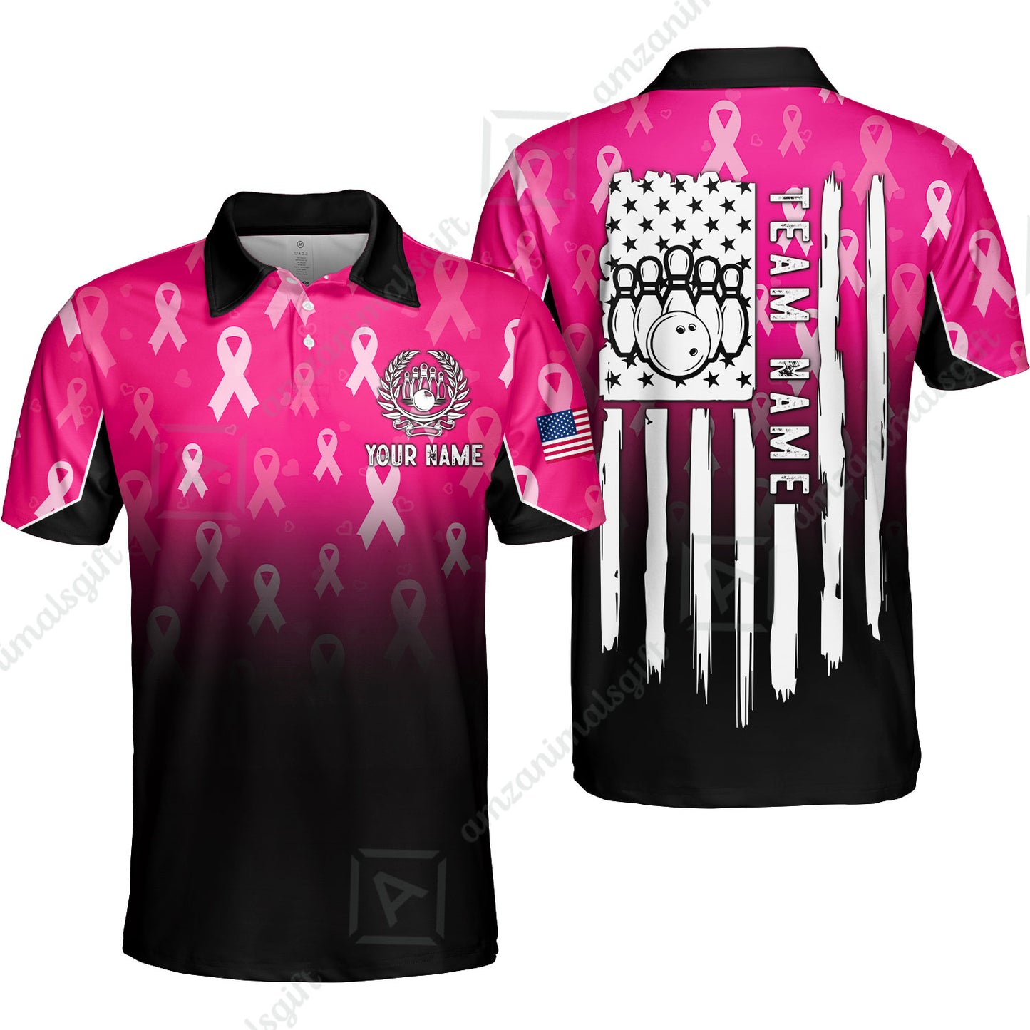 Custom Bowling Jersey Polo Shirt, Ribbon Breast Cancer Awareness Flag, Custom Bowling Jersey Team Shirt For Players With Name and Team Name