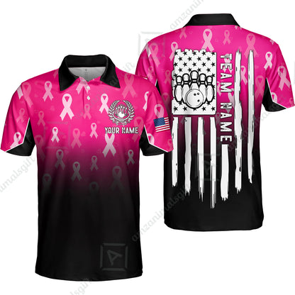 Custom Bowling Jersey Polo Shirt, Ribbon Breast Cancer Awareness Flag, Custom Bowling Jersey Team Shirt For Players With Name and Team Name