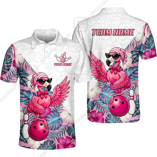 Custom Bowling Jersey Polo Shirt, Flamingo Bowling Floral Seamless Pattern With Leaves Tropical Background Pro Vector