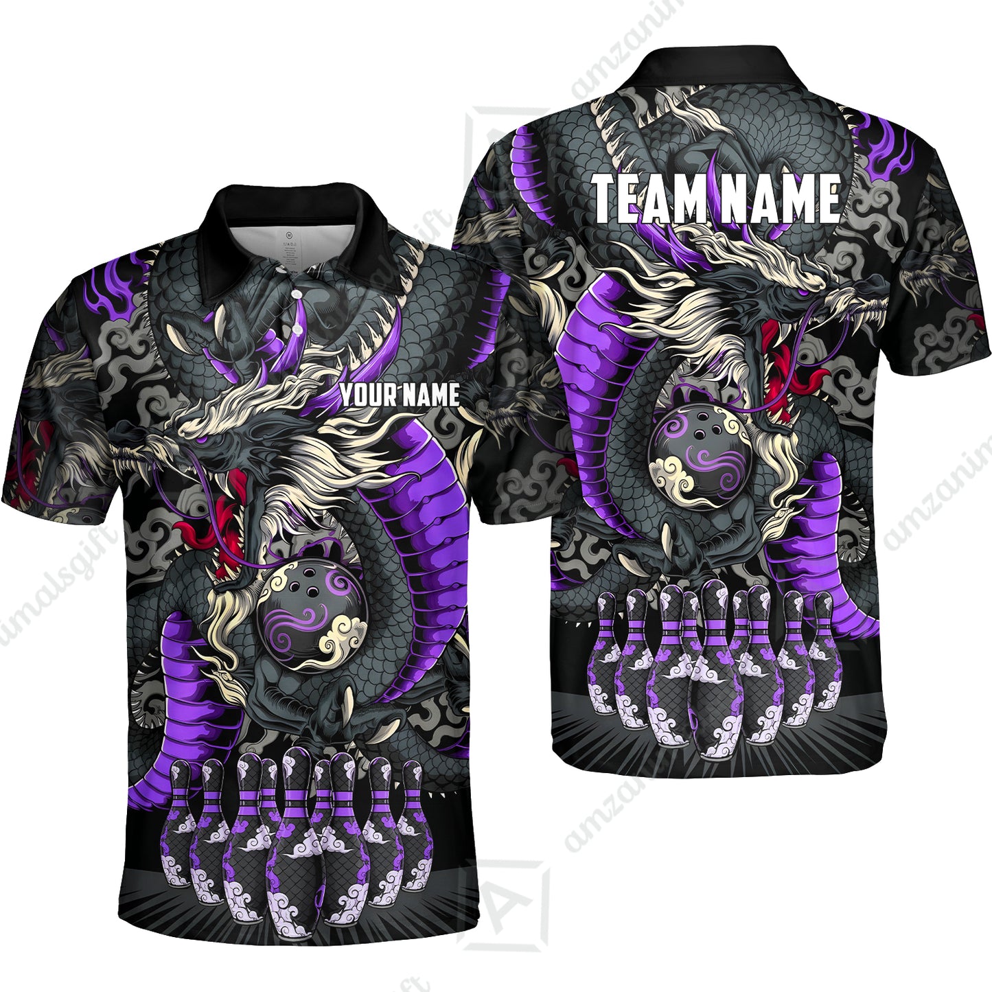 Custom Bowling Jersey Polo Shirt, Oriental Jade Dragon & Classic Clouds, Custom Bowling Jersey Team Shirt For Players With Name & Team Name