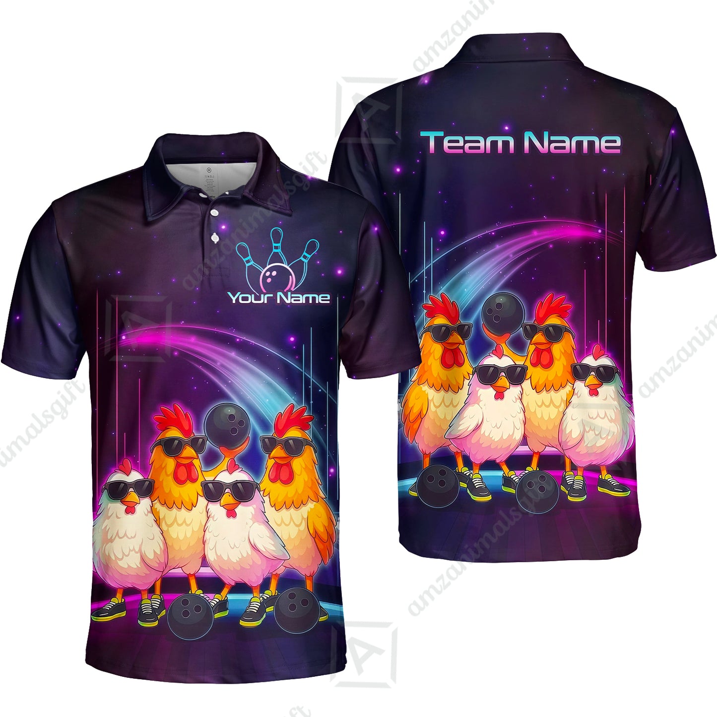 Custom Bowling Jersey Polo Shirt, Funny Cool Chickens Neon Cosmic, Custom Bowling Jersey Team Shirt For Players With Name & Team Name