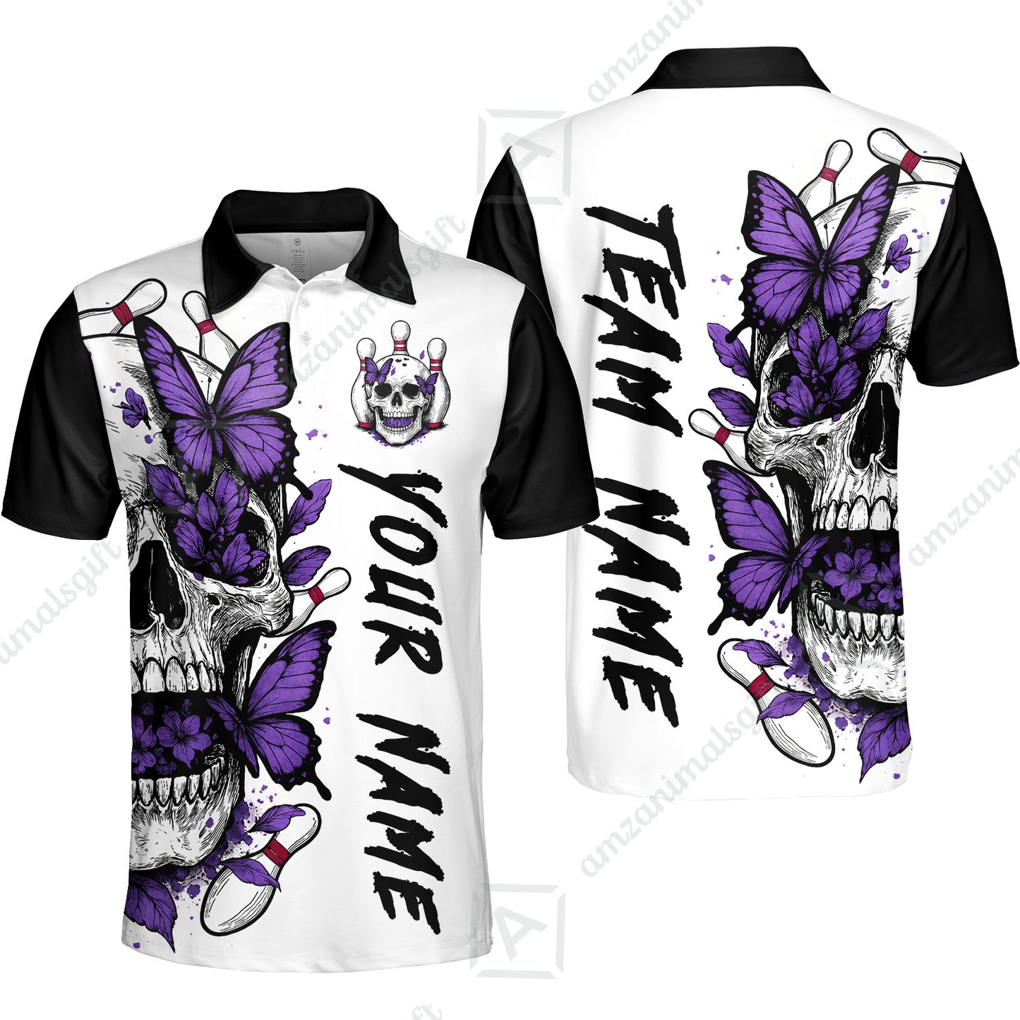 Custom Bowling Jersey Polo Shirt, Skull With Butterfly, Custom Bowling Jersey Team Shirt For Players With Name and Team Name