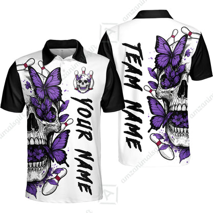 Custom Bowling Jersey Polo Shirt, Skull With Butterfly, Custom Bowling Jersey Team Shirt For Players With Name and Team Name
