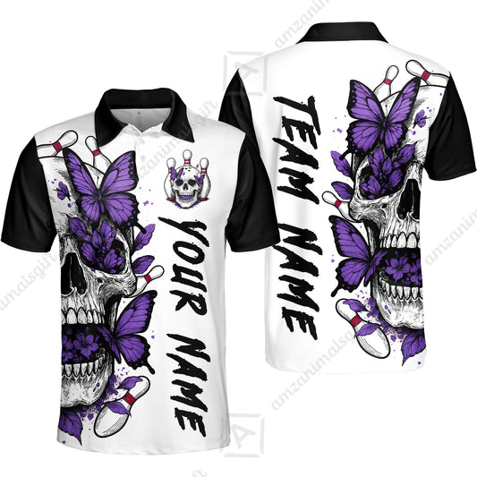 Custom Bowling Jersey Polo Shirt, Skull With Butterfly, Custom Bowling Jersey Team Shirt For Players With Name and Team Name