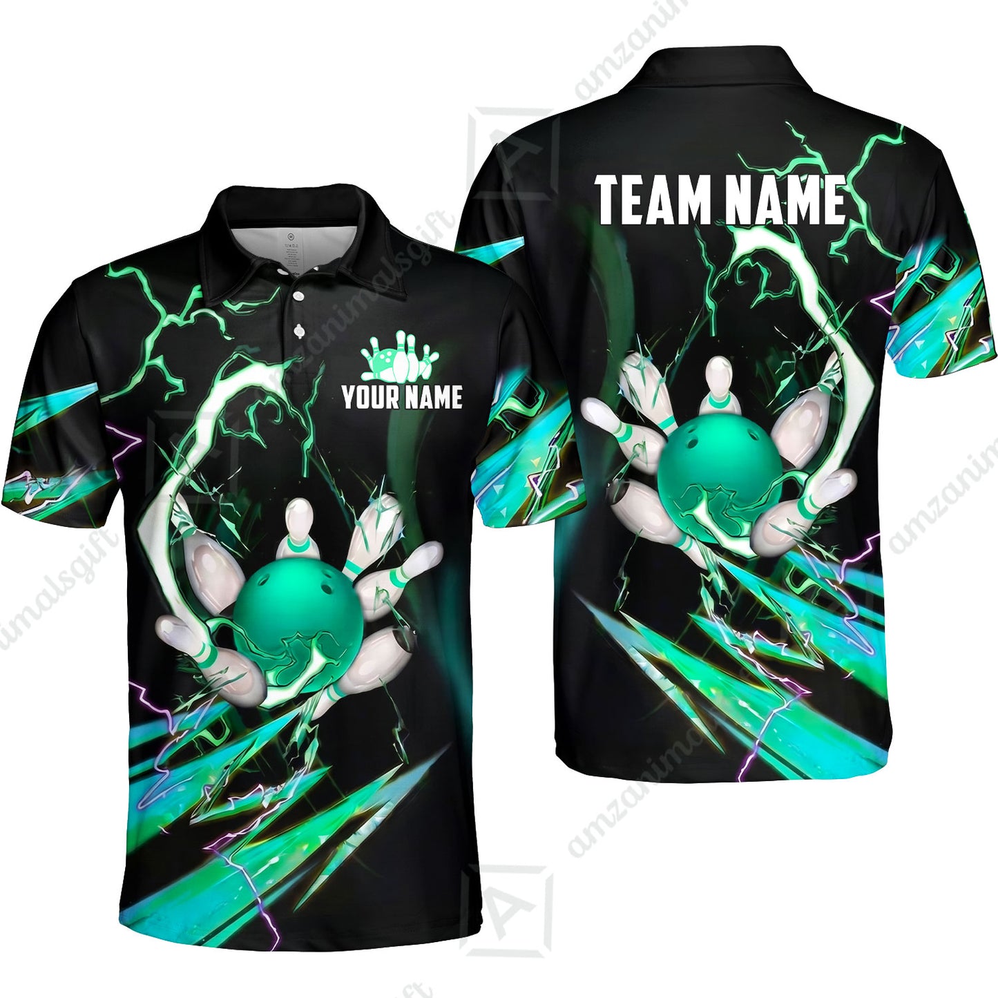 Custom Bowling Jersey Polo Shirt, Electric Strike & Neon Plasma, Custom Bowling Jersey Team Shirt For Players With Name & Team Name