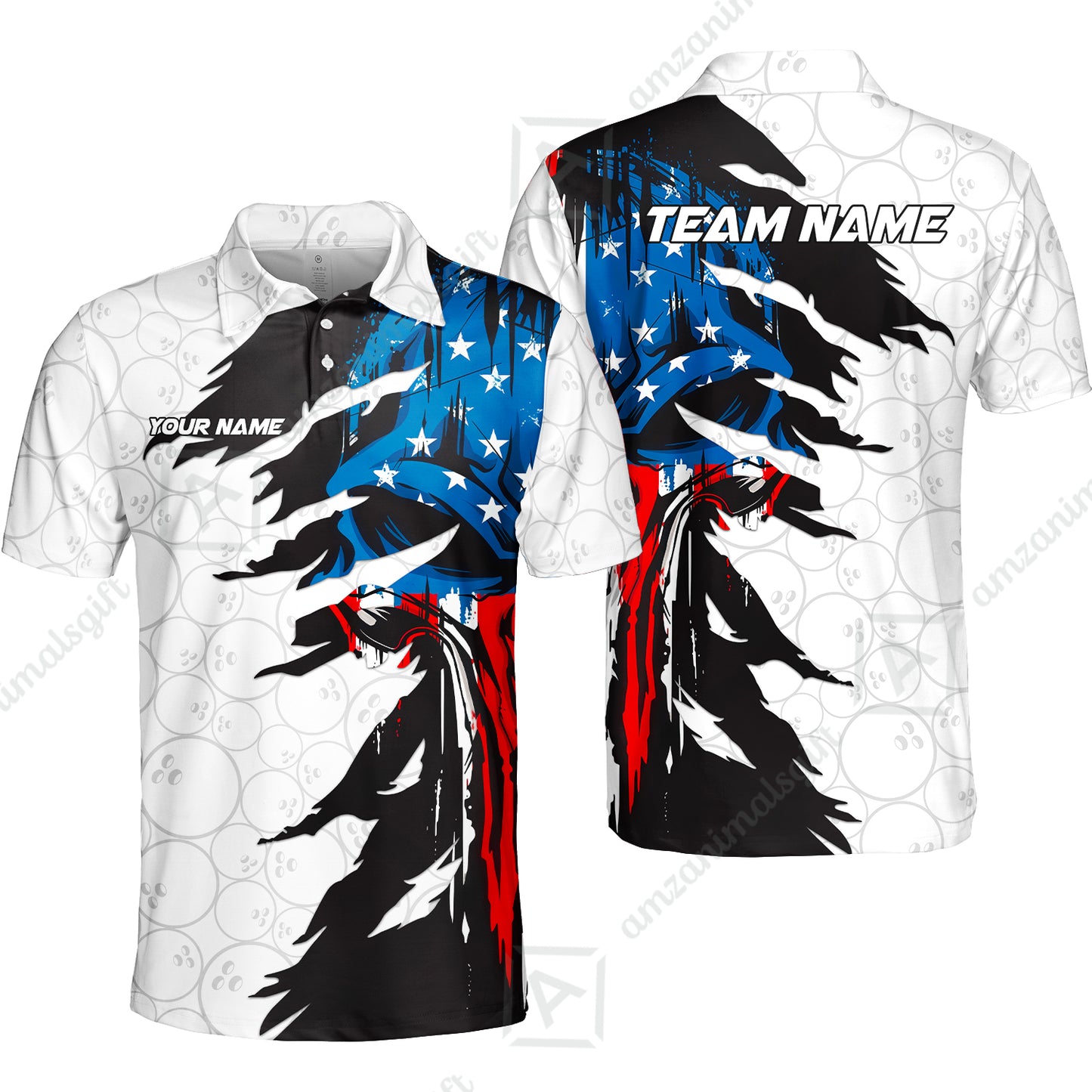 Custom Bowling Jersey Polo Shirt, Grunge USA Flag Bowling Custom Bowling Jersey Team Shirt For Players With Name & Team Name