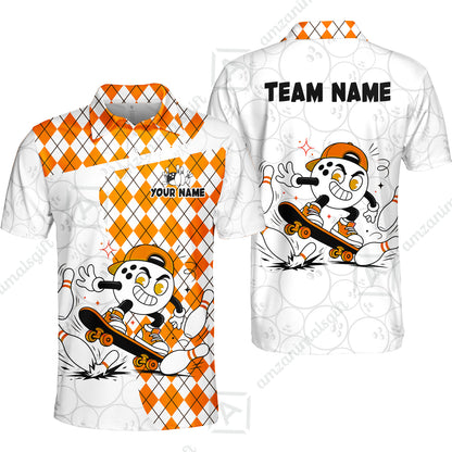 Custom Bowling Jersey Polo Shirt, Skateboarder Bowling Ball Mascot, Custom Bowling Jersey Team Shirt For Players With Name and Team Name