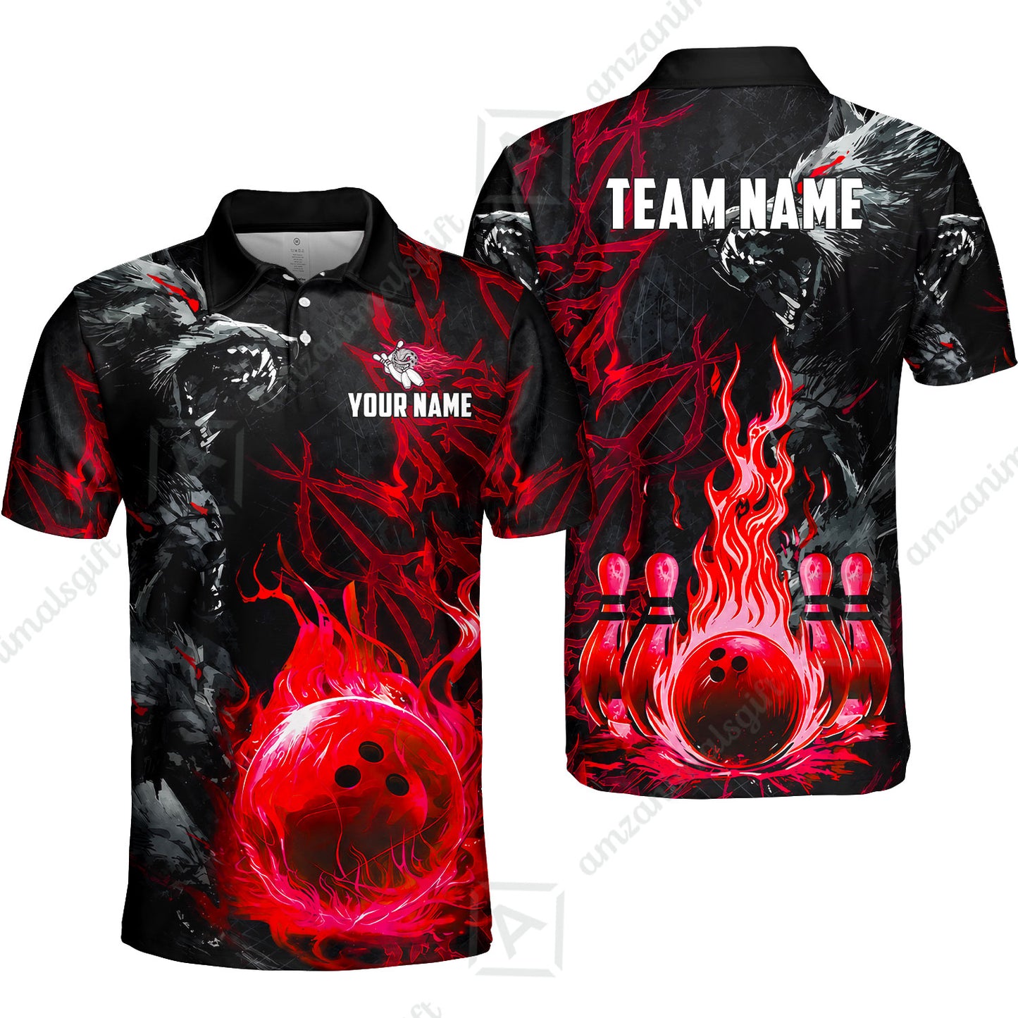 Custom Bowling Jersey Polo Shirt, Hellfire Werewolf & Crimson Strike, Custom Bowling Jersey Team Shirt For Players With Name & Team Name