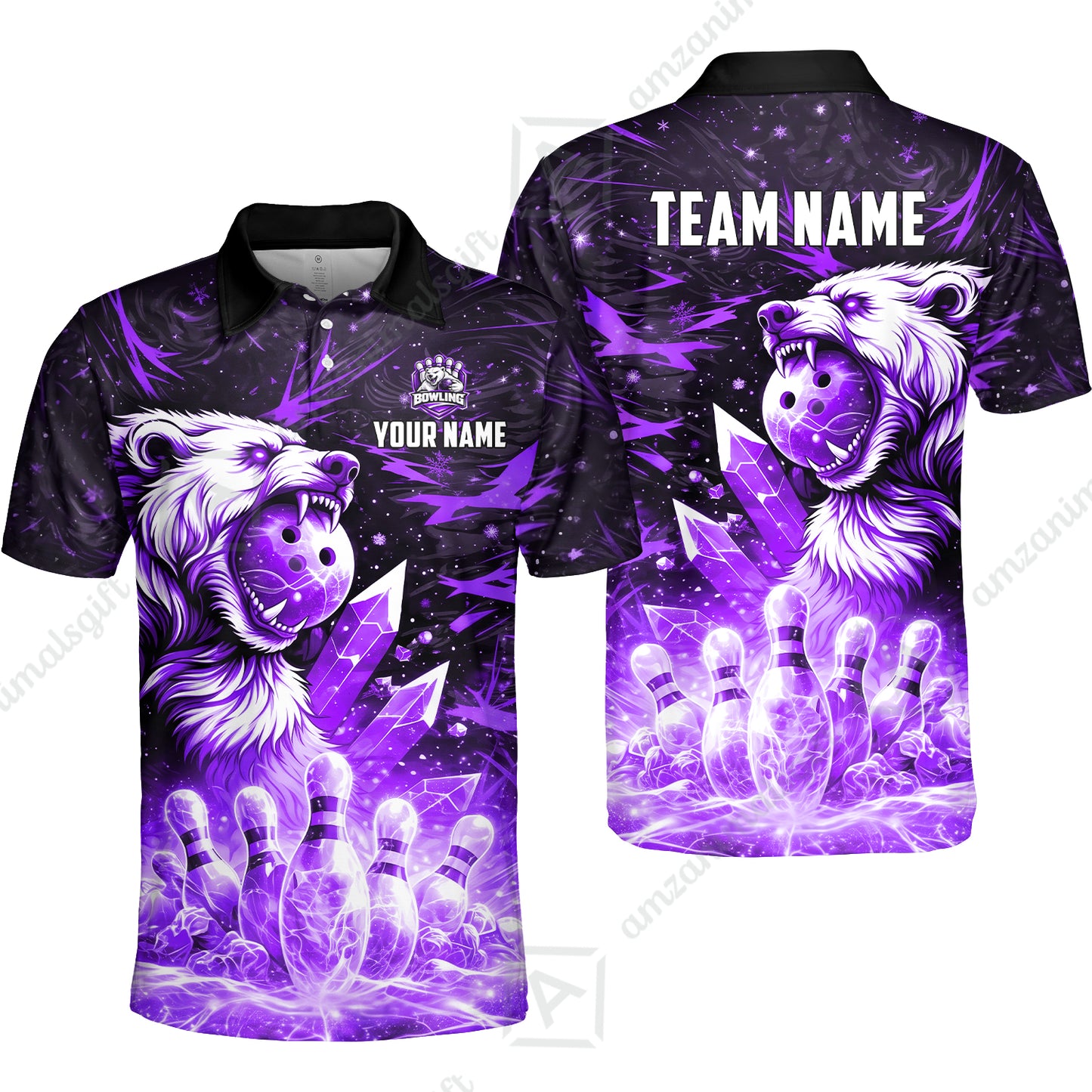 Custom Bowling Jersey Polo Shirt, Arctic Bear & Crystal Galaxy, Custom Bowling Jersey Team Shirt For Players With Name & Team Name