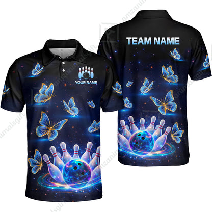 Custom Bowling Jersey Polo Shirt, Bowling Butterfly Galaxy Neon Light, Personalized Name And Team Name