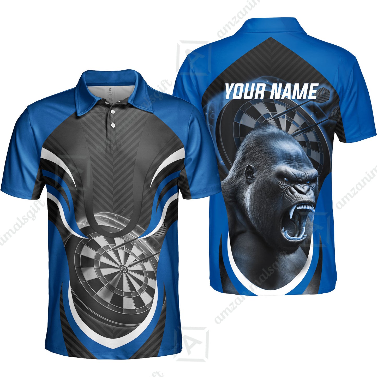 Gorilla And Darts Custom Name Men Polo Shirt, Bullseye Dartboard Brown Personalized Men Polo Shirt Gift For Darts Lovers, Team, Friends
