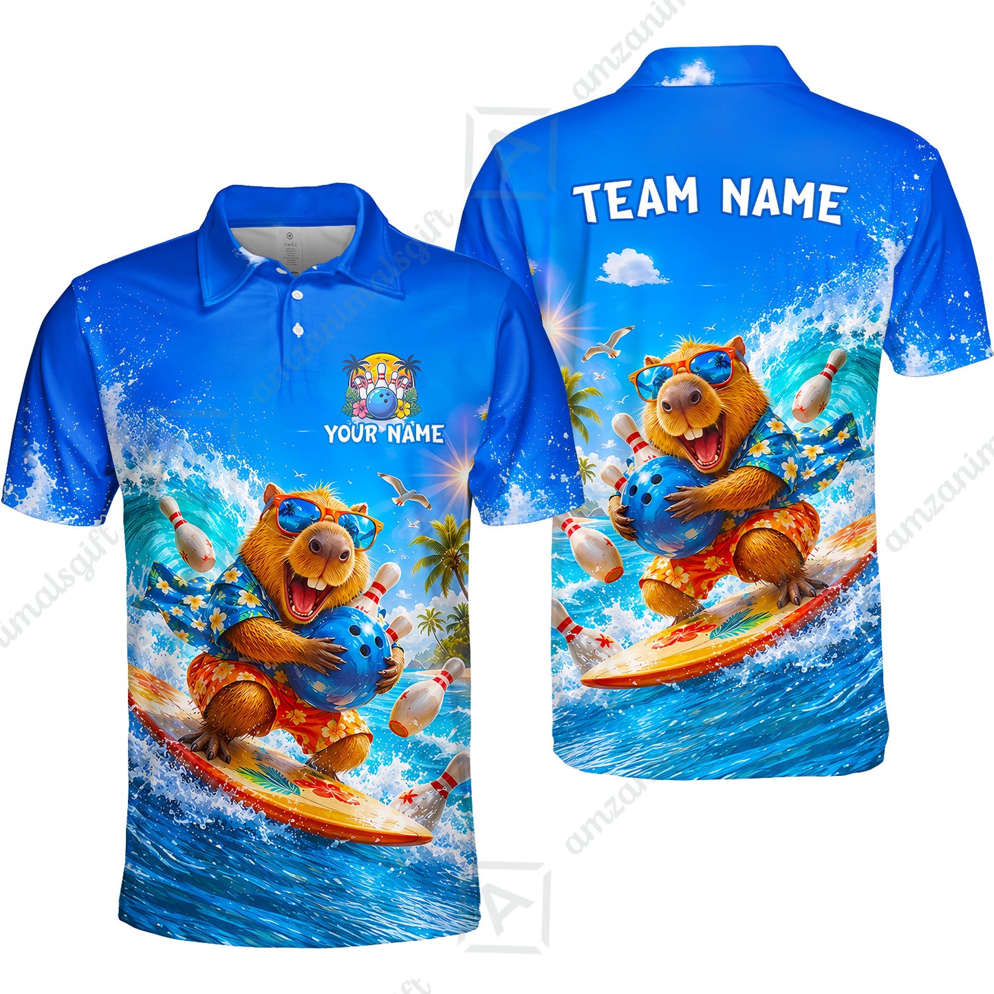 Custom Bowling Jersey Polo Shirt, Surfing Capybara, Personalized Name And Team Name
