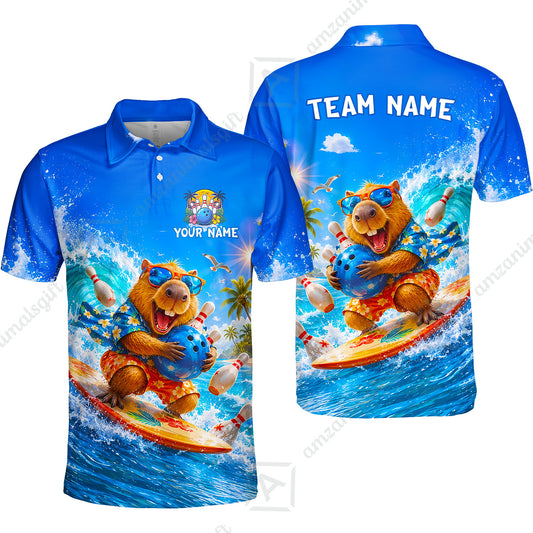 Custom Bowling Jersey Polo Shirt, Surfing Capybara, Personalized Name And Team Name