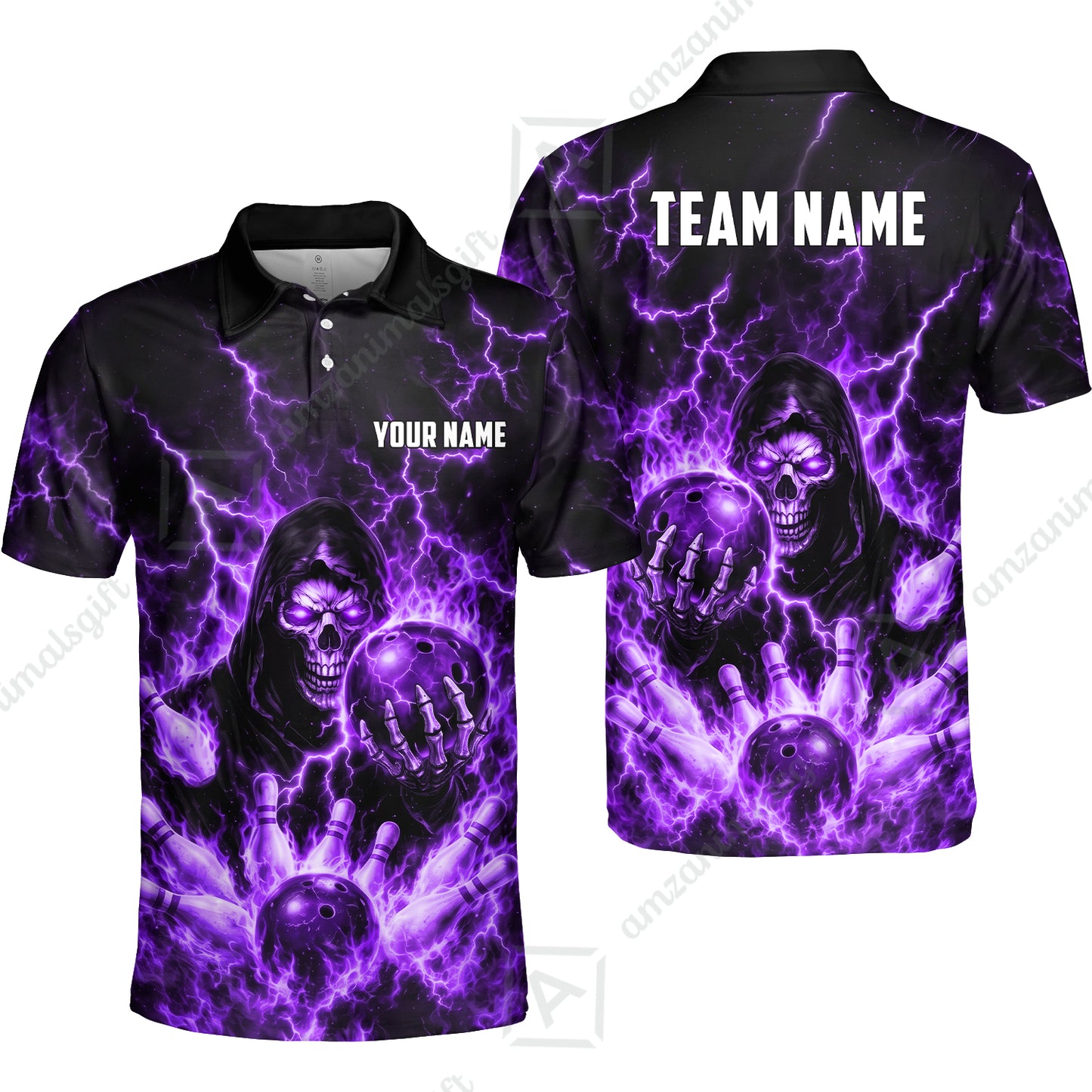 Custom Bowling Jersey Polo Shirt, Lightning Grim Reaper, Custom Bowling Jersey Team Shirt For Players With Name & Team Name