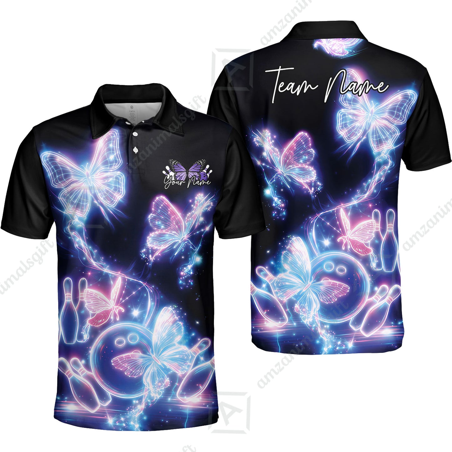 Custom Bowling Jersey Polo Shirt, Neon Electric Radiant Butterfly Glow, Custom Bowling Jersey Team Shirt For Players With Name & Team Name