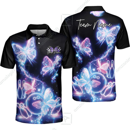 Custom Bowling Jersey Polo Shirt, Neon Electric Radiant Butterfly Glow, Custom Bowling Jersey Team Shirt For Players With Name & Team Name
