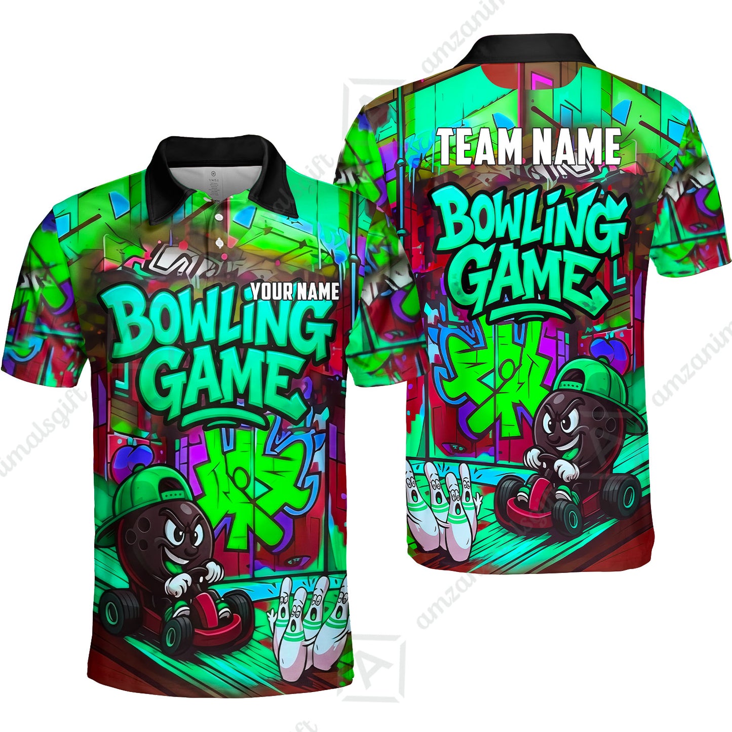 Custom Bowling Jersey Polo Shirt, Street Graffiti Go Kart Ball, Custom Bowling Jersey Team Shirt For Players With Name and Team Name