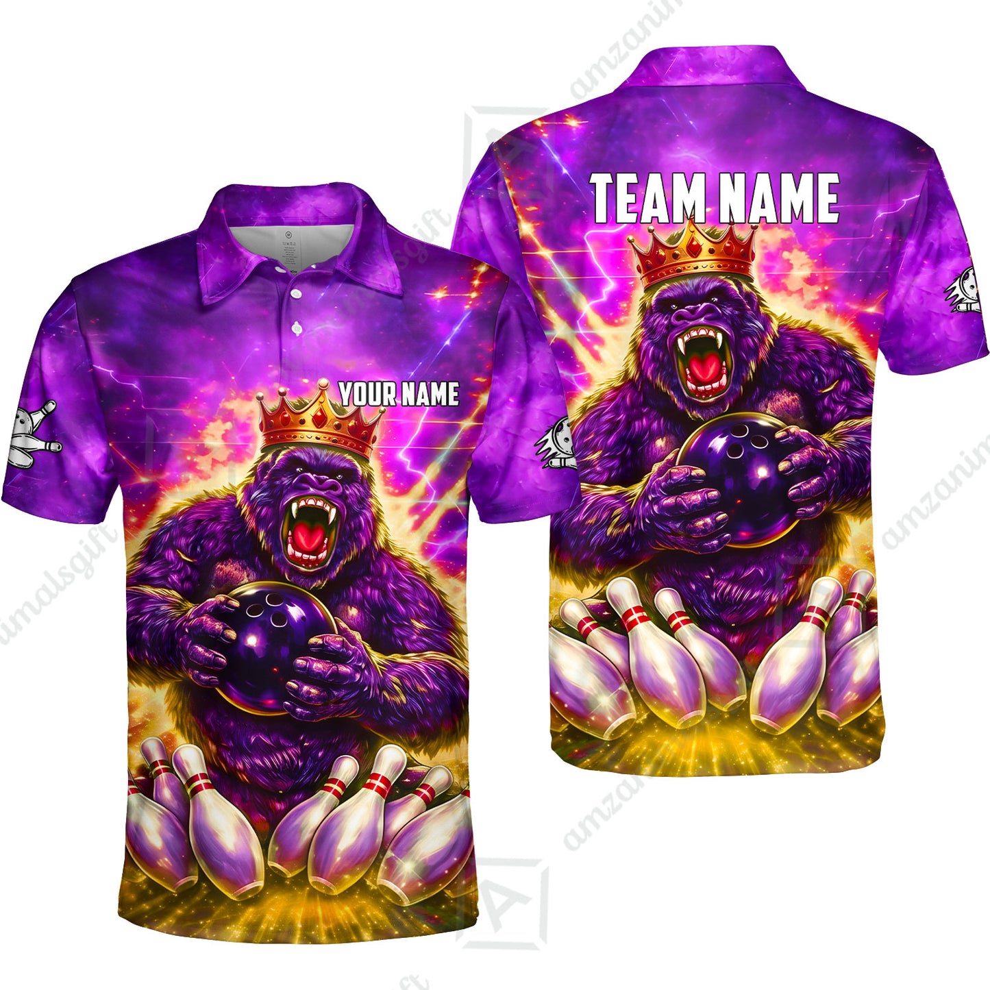 Custom Bowling Jersey Polo Shirt, King Gorilla Holding Bowling Ball, Custom Bowling Jersey Team Shirt For Players With Name & Team Name