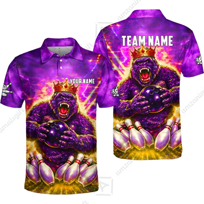 Custom Bowling Jersey Polo Shirt, King Gorilla Holding Bowling Ball, Custom Bowling Jersey Team Shirt For Players With Name & Team Name