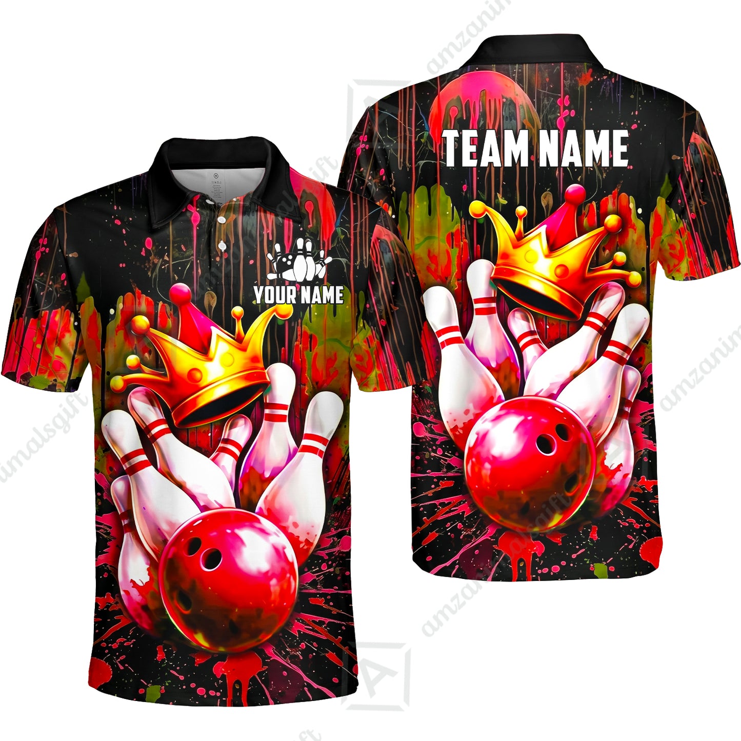 Custom Bowling Jersey Polo Shirt, Neon King Crown, Custom Bowling Jersey Team Shirt For Players With Name and Team Name