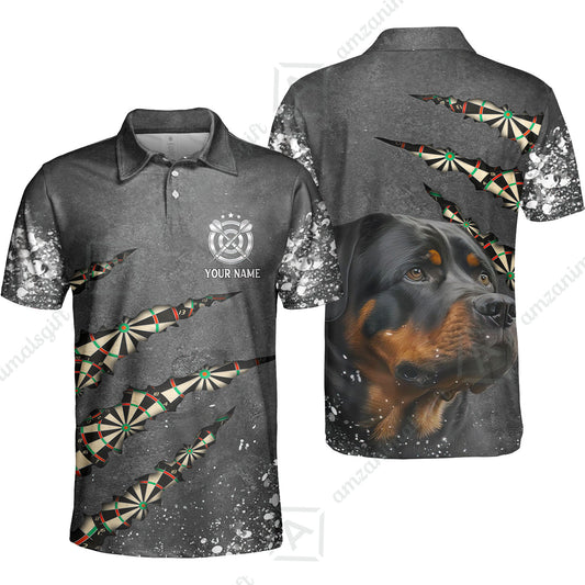 Rottweiler And Darts Custom Name Men Polo Shirt, Darts Paint Splash Personalized Men Polo Shirt Gift For Darts Lover, Team, Friend, Dog Lover