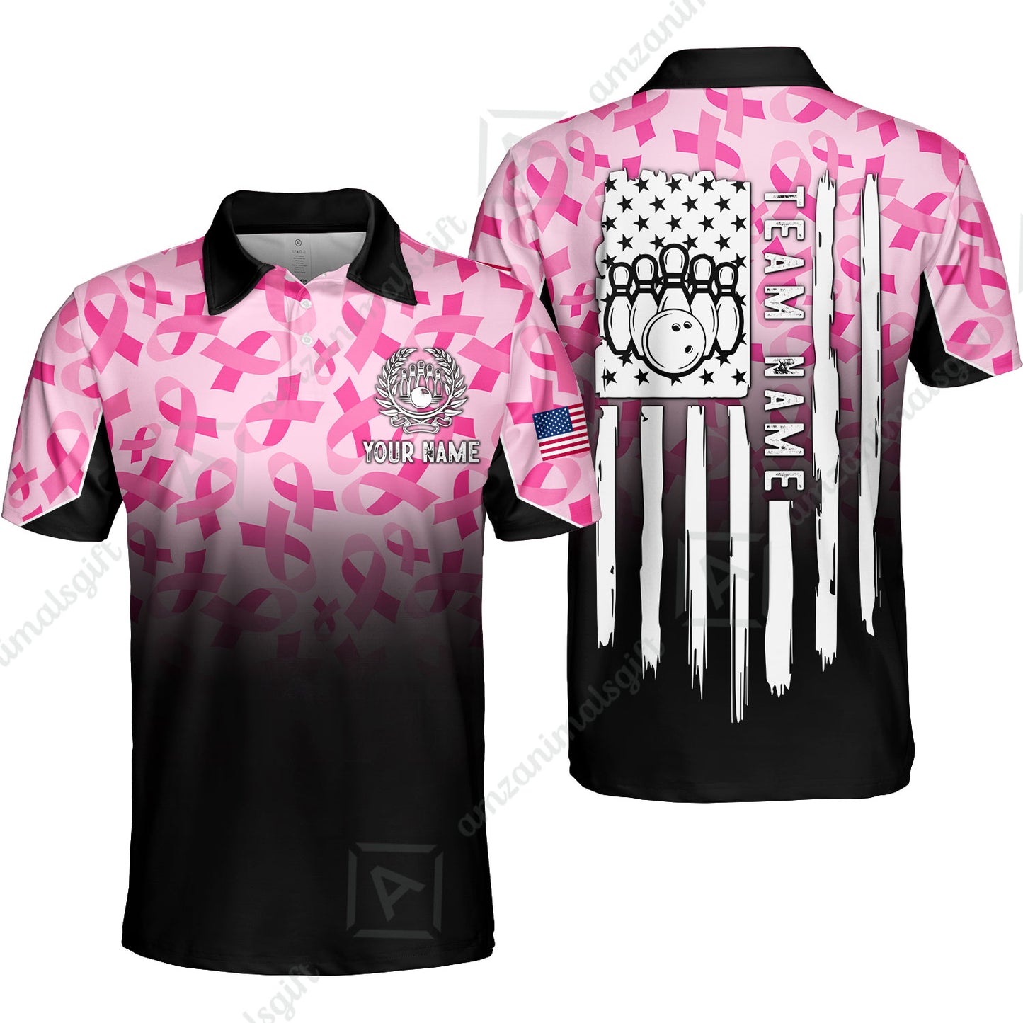 Custom Bowling Jersey Polo Shirt, Ribbon Breast Cancer Awareness Flag, Custom Bowling Jersey Team Shirt For Players With Name and Team Name
