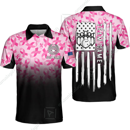 Custom Bowling Jersey Polo Shirt, Ribbon Breast Cancer Awareness Flag, Custom Bowling Jersey Team Shirt For Players With Name and Team Name