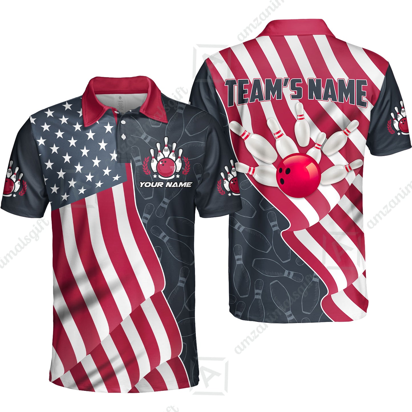 Customized Bowling Unisex Polo Shirt, Bowling America Flag Waving, Bowling Uniform - Personalized Name And Team Name