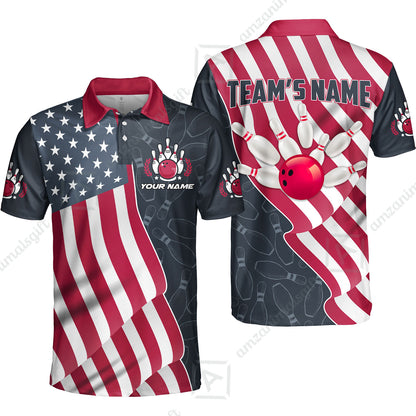 Customized Bowling Unisex Polo Shirt, Bowling America Flag Waving, Bowling Uniform - Personalized Name And Team Name