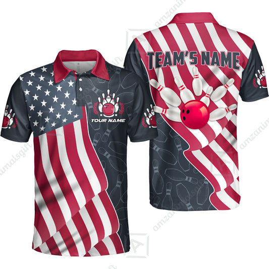Customized Bowling Unisex Polo Shirt, Bowling America Flag Waving, Bowling Uniform - Personalized Name And Team Name