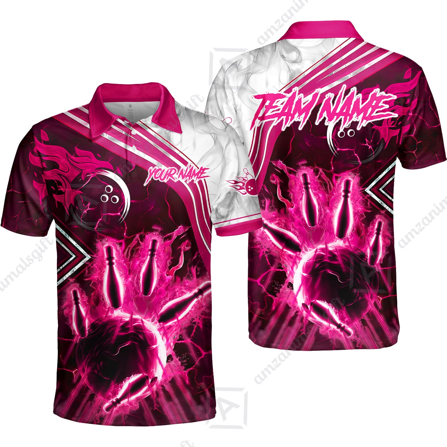 Customized Bowling Unisex Polo Shirt, Fire & Smoke Bowling Pins, Bowling Uniform - Personalized Name And Team Name