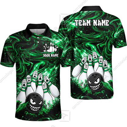 Customized Bowling Unisex Polo Shirt, Bowling Angry Ball VS Screaming Pins, Personalized Name And Team Name
