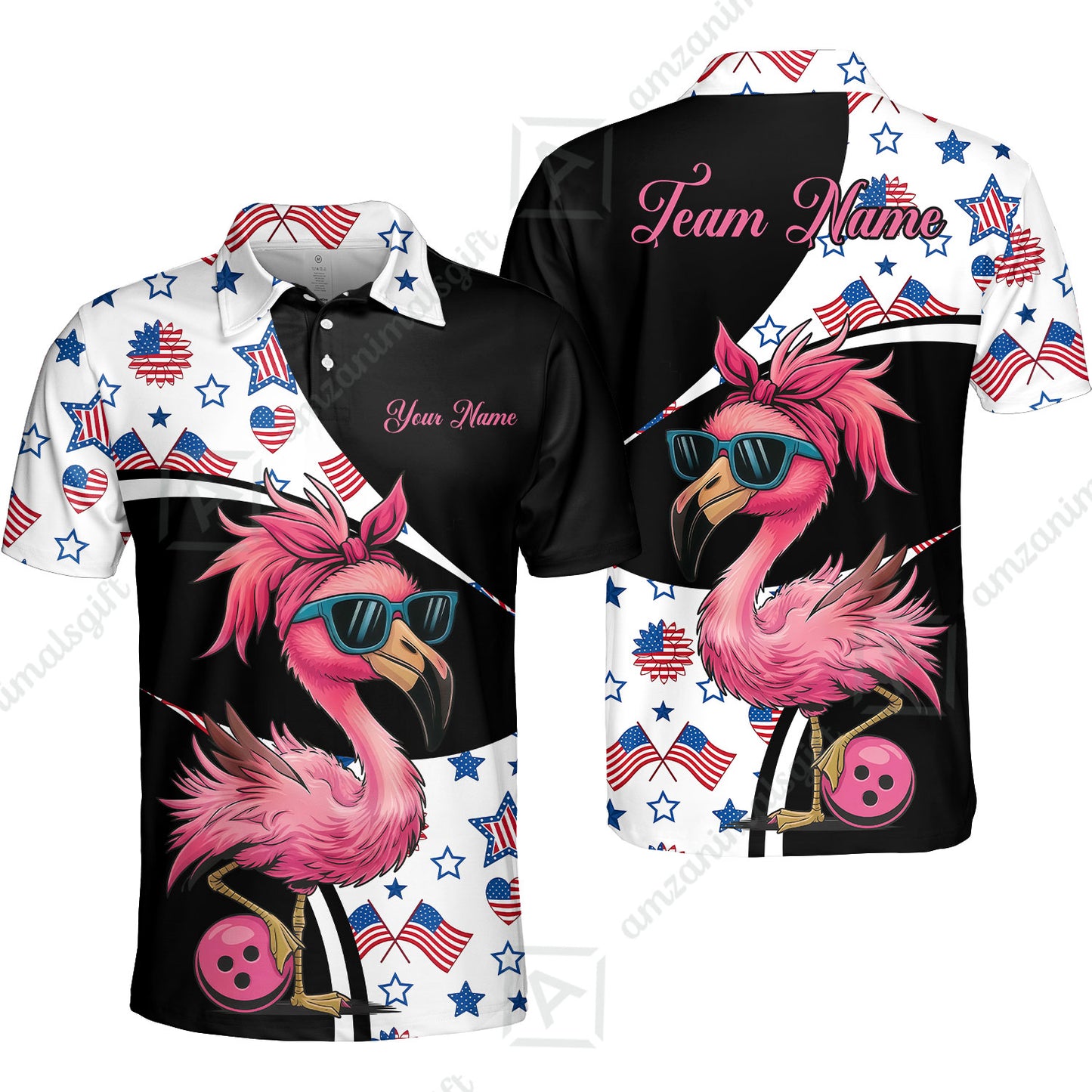 Custom Flamingo America Flag Bowling Jersey Polo Shirt, Custom Flamingo America Flag Bowling Jersey Team Shirt For Players With Name & Team Name