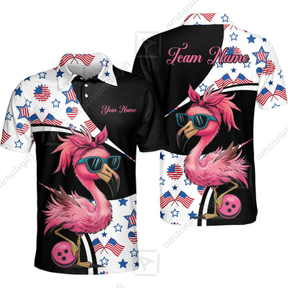 Custom Flamingo America Flag Bowling Jersey Polo Shirt, Custom Flamingo America Flag Bowling Jersey Team Shirt For Players With Name & Team Name