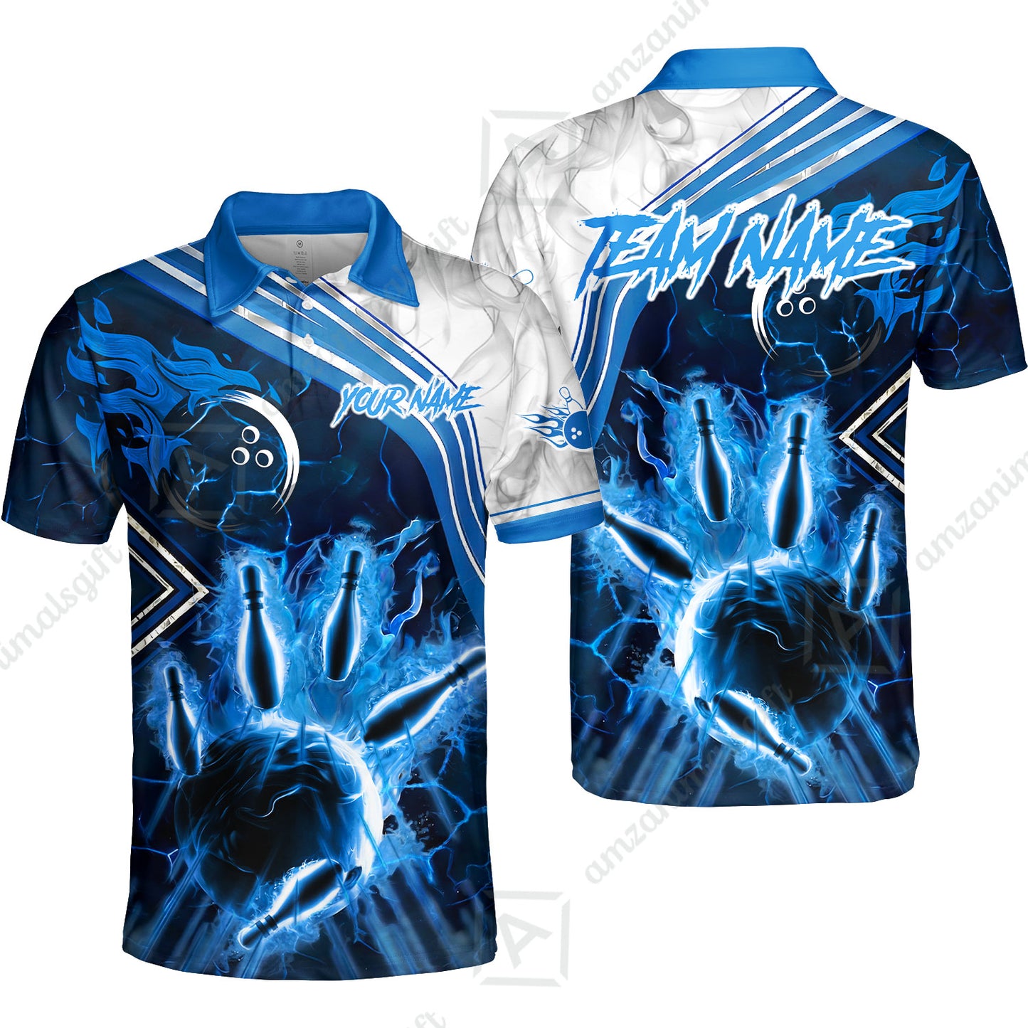 Customized Bowling Unisex Polo Shirt, Fire & Smoke Bowling Pins, Bowling Uniform - Personalized Name And Team Name