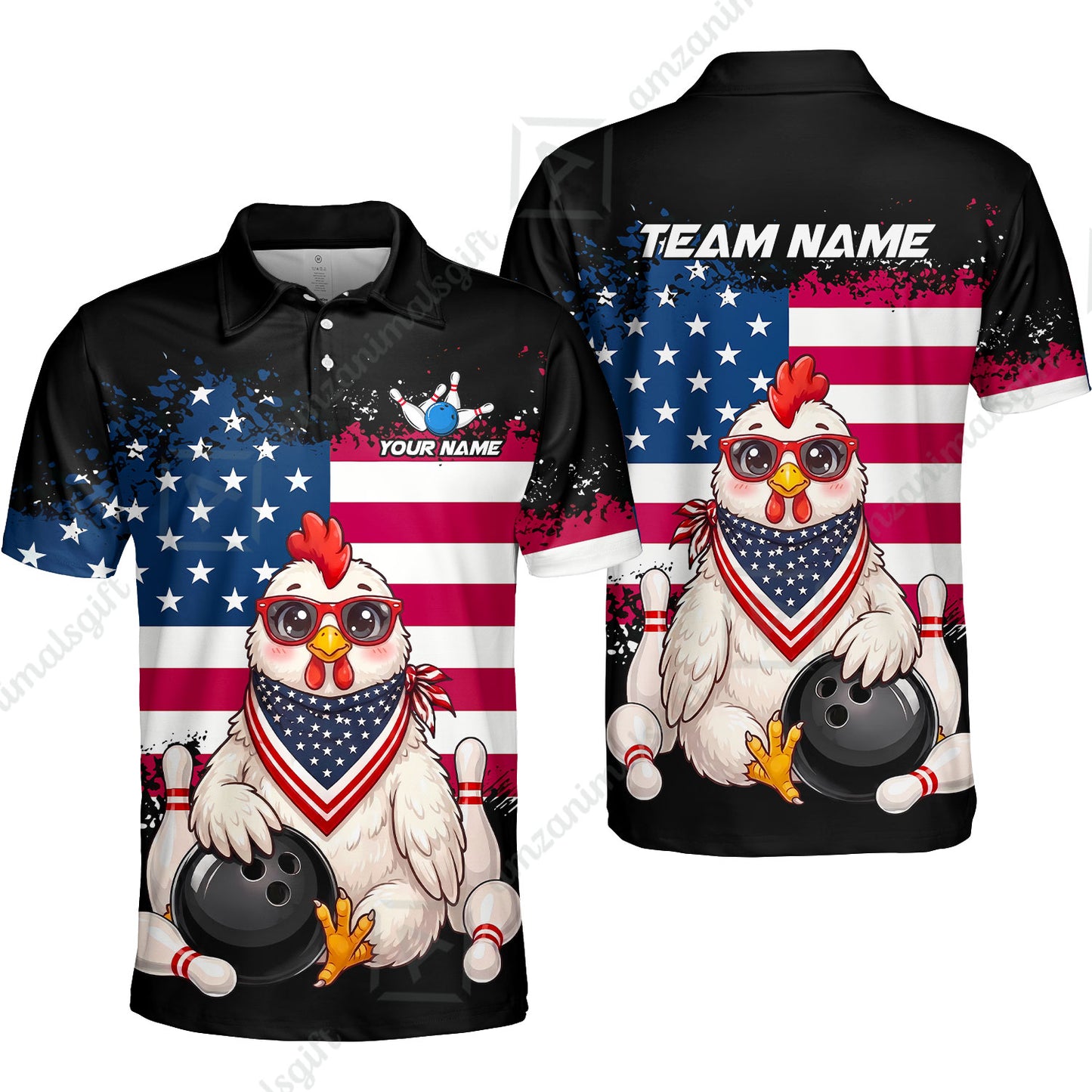 Custom Bowling Jersey Polo Shirt, Animal With Glasses And Bandana America Flag, Personalize Name & Team Name