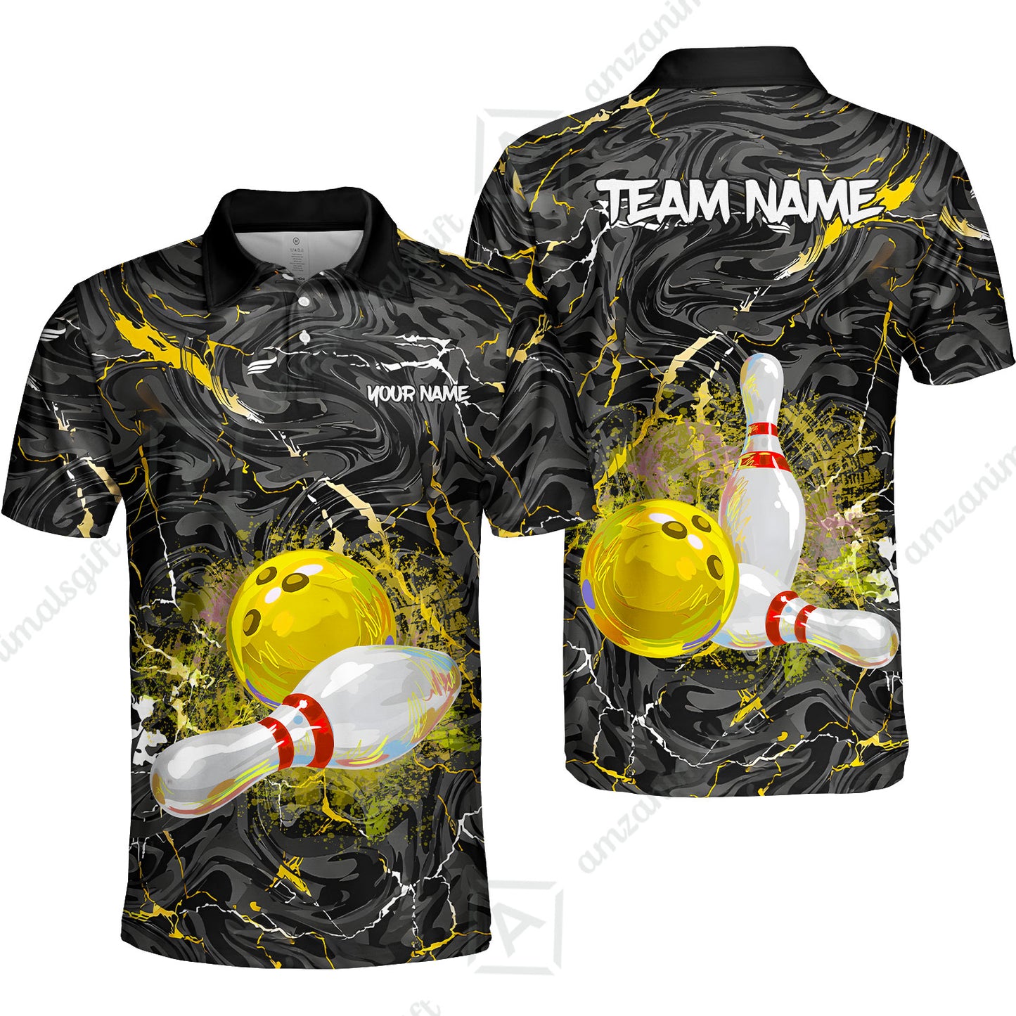 Customized Bowling Unisex Polo Shirt, Swirling Marbled Pattern Vibrant Veins, Bowling Uniforms, Personalized Name And Team Name