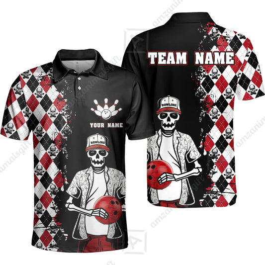 Bowling Custom Men Polo Shirt - Custom Name Skull Men, Argyle Bowling Pattern Personalized Bowling Polo Shirt - Perfect Gift For Friend, Family