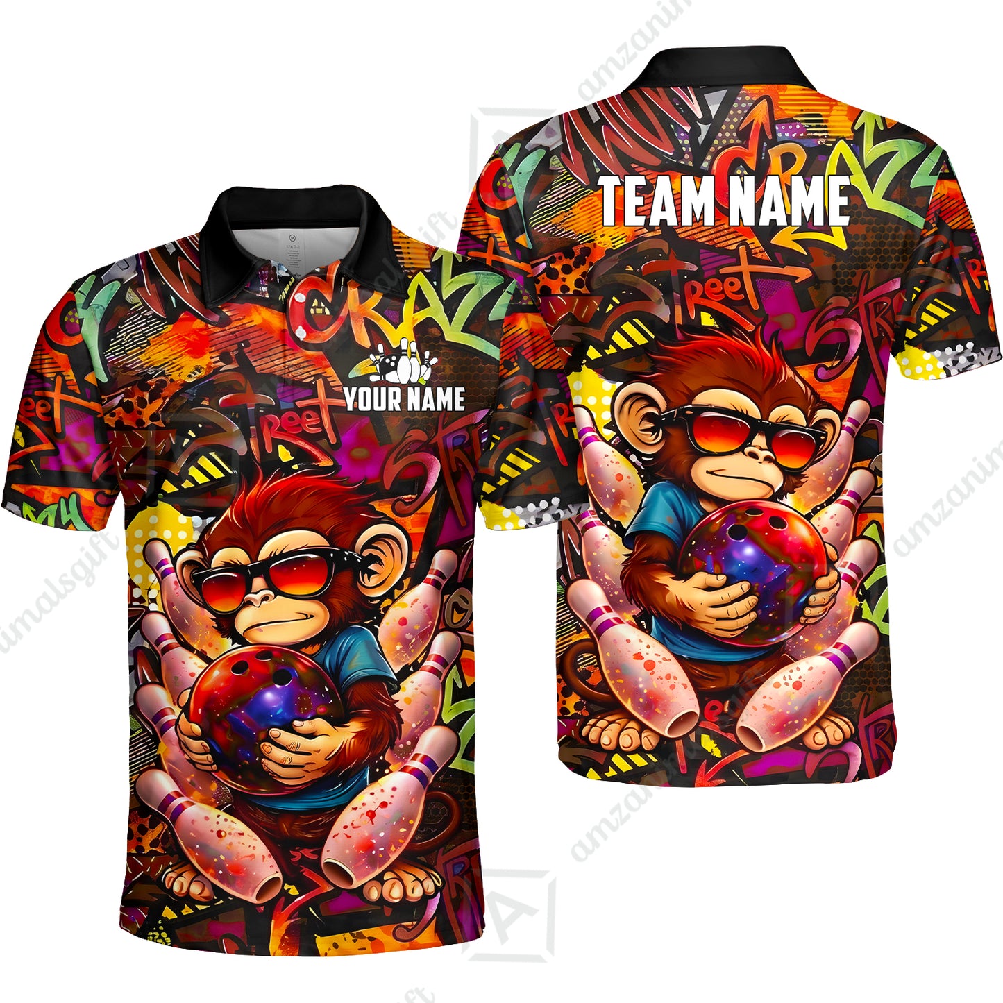 Custom Bowling Jersey Polo Shirt, Street Graffiti Funny Monkey Mascot, Custom Bowling Jersey Team Shirt For Players With Name & Team Name