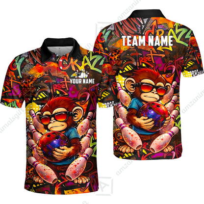 Custom Bowling Jersey Polo Shirt, Street Graffiti Funny Monkey Mascot, Custom Bowling Jersey Team Shirt For Players With Name & Team Name
