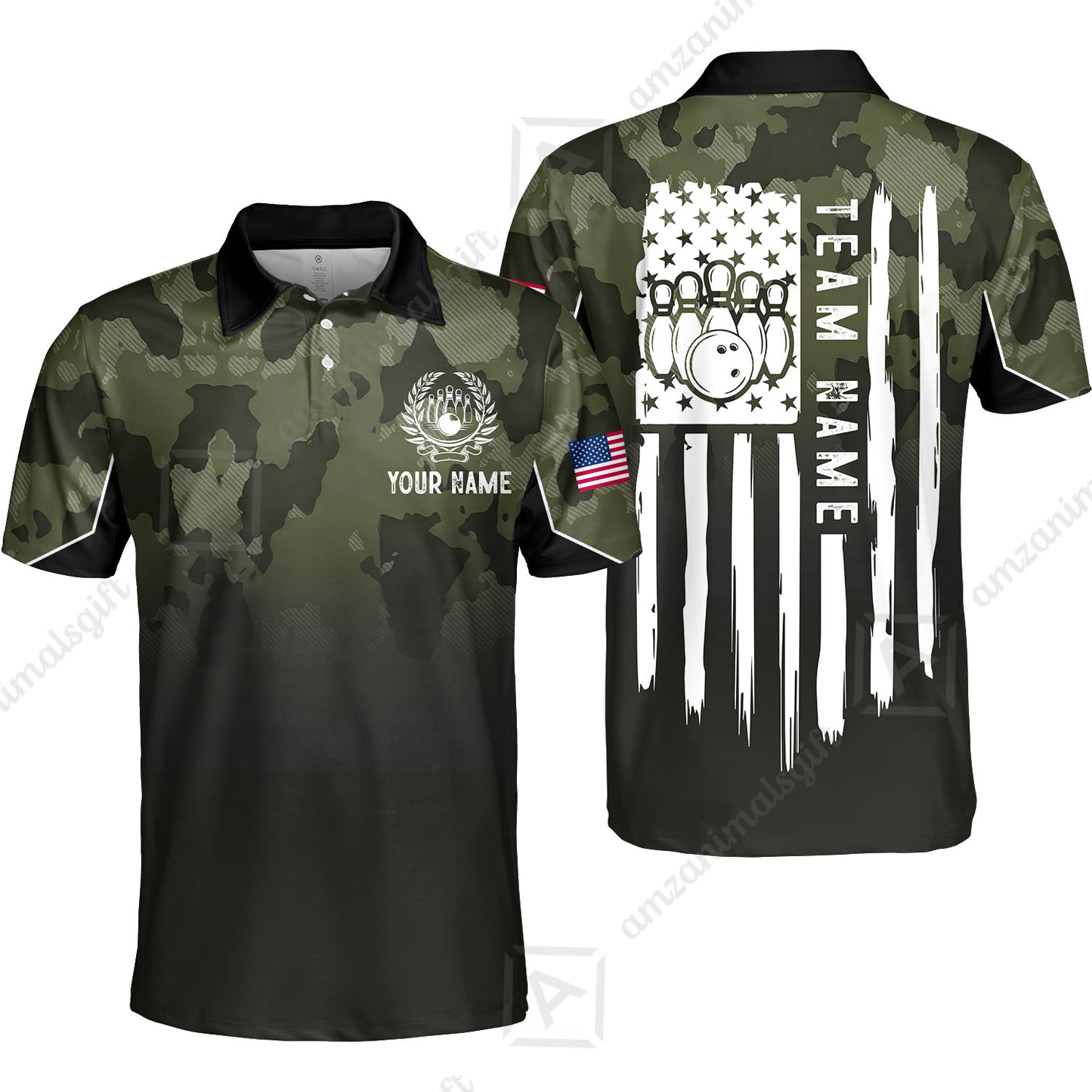 Custom Bowling Polo Shirt, Distressed American Flag Bowling Custom Bowling Polo Team Shirt For Players With Name & Team Name