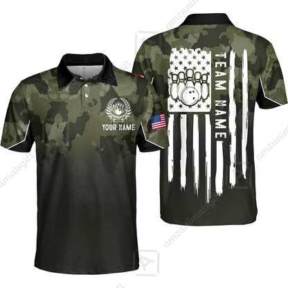 Custom Bowling Polo Shirt, Distressed American Flag Bowling Custom Bowling Polo Team Shirt For Players With Name & Team Name