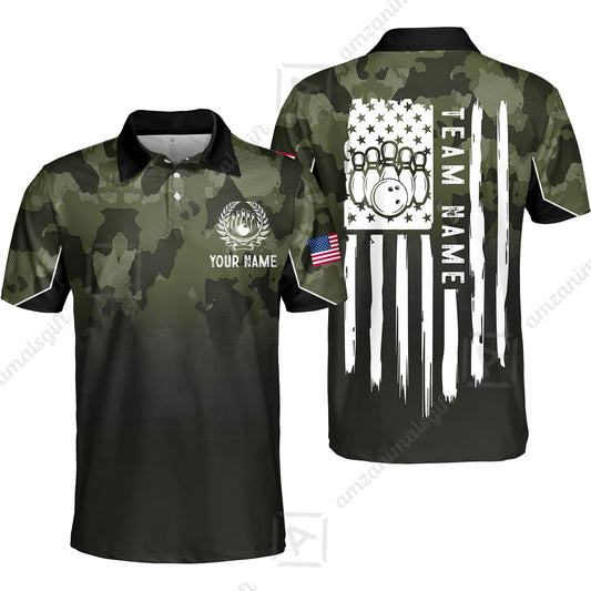 Custom Bowling Polo Shirt, Distressed American Flag Bowling Custom Bowling Polo Team Shirt For Players With Name & Team Name
