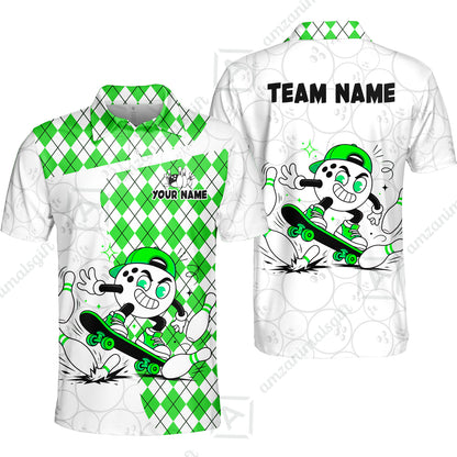 Custom Bowling Jersey Polo Shirt, Skateboarder Bowling Ball Mascot, Custom Bowling Jersey Team Shirt For Players With Name and Team Name