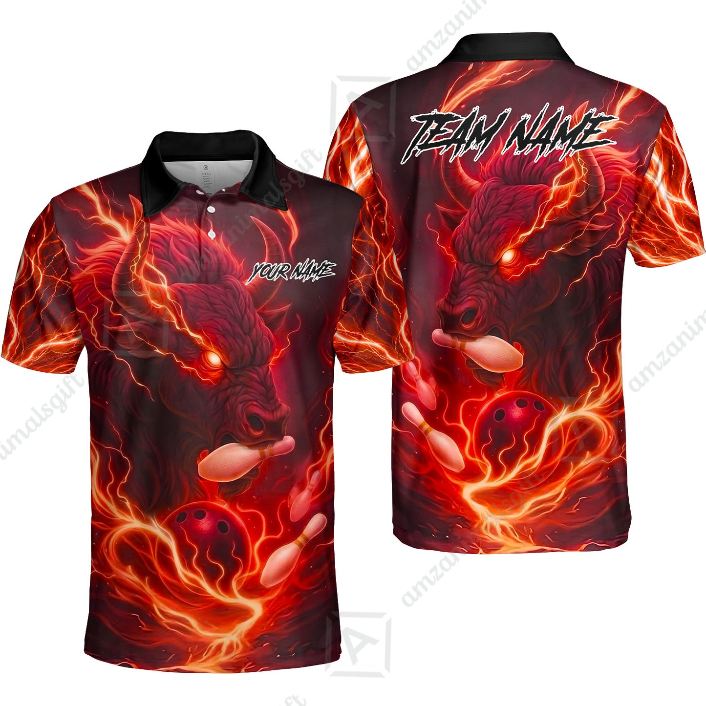 Custom Bowling Jersey Polo Shirt, Charging Bull Bowling Custom Bowling Jersey Team Shirt For Players With Name & Team Name