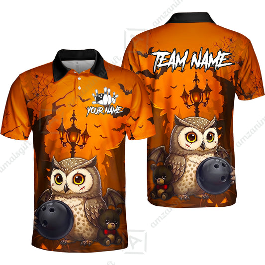 Custom Bowling Jersey Polo Shirt, Owl In Halloween, Personalized Name And Team Name