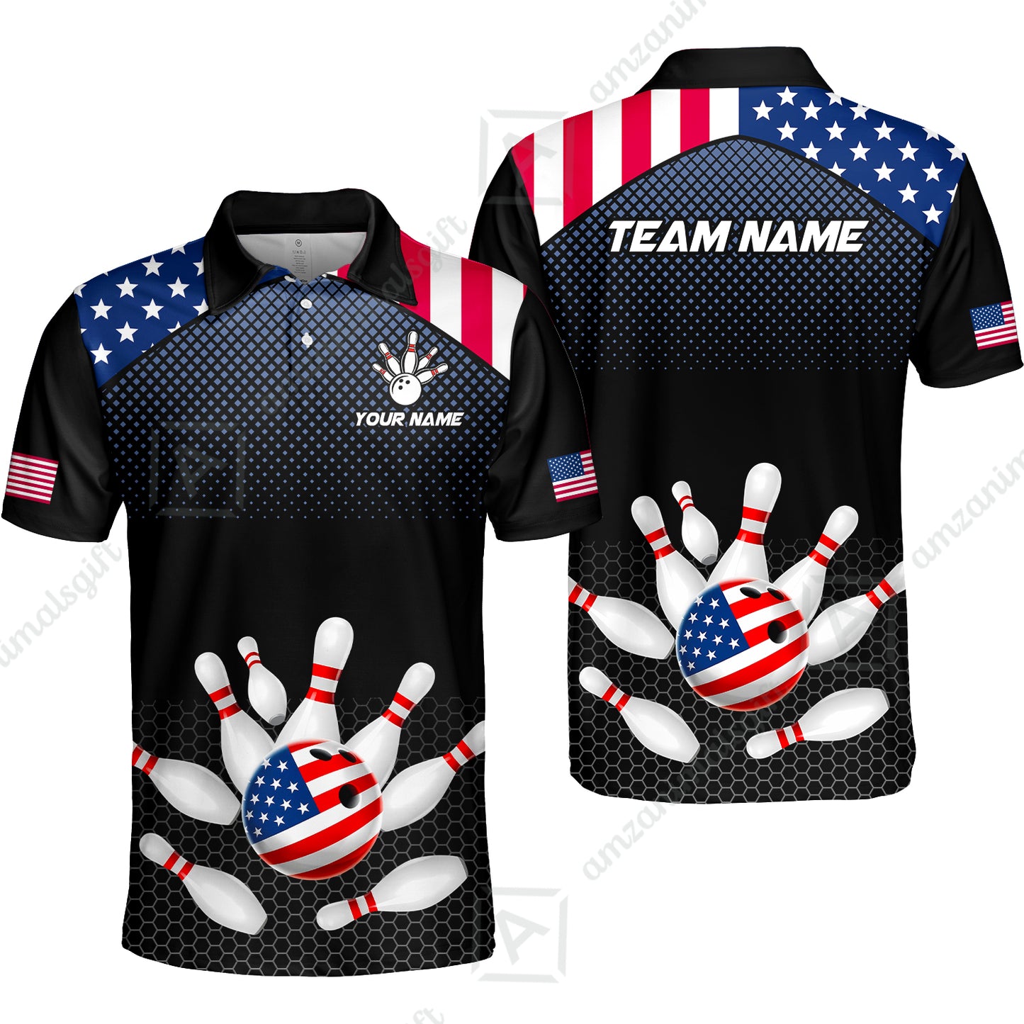 Custom Bowling Jersey Polo Shirt, Patriotic USA Flag Stars Stripes Tech Hexagon Pattern, Custom Bowling Jersey Team Shirt For Players With Name & Team Name