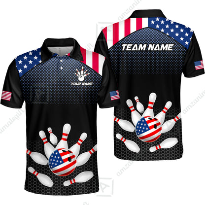 Custom Bowling Jersey Polo Shirt, Patriotic USA Flag Stars Stripes Tech Hexagon Pattern, Custom Bowling Jersey Team Shirt For Players With Name & Team Name