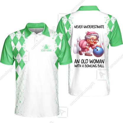 Custom Bowling Jersey Polo Shirt, Never Underestimate An Old Woman With A Bowling Ball, Personalized Name & Team Name